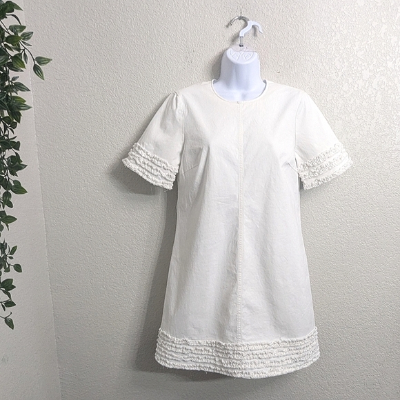 Cinq a Sept Woman White Military Short Sleeve Mini Dress A-Line Ruffle Smocked 2 - Picture 1 of 10